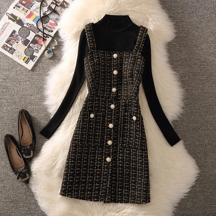 Women Autumn Winter Dress New Small Fragrant Tweed Vest Suspender Woolen Dress Bottom Knitted Sweater Female Two-Piece Set Suit