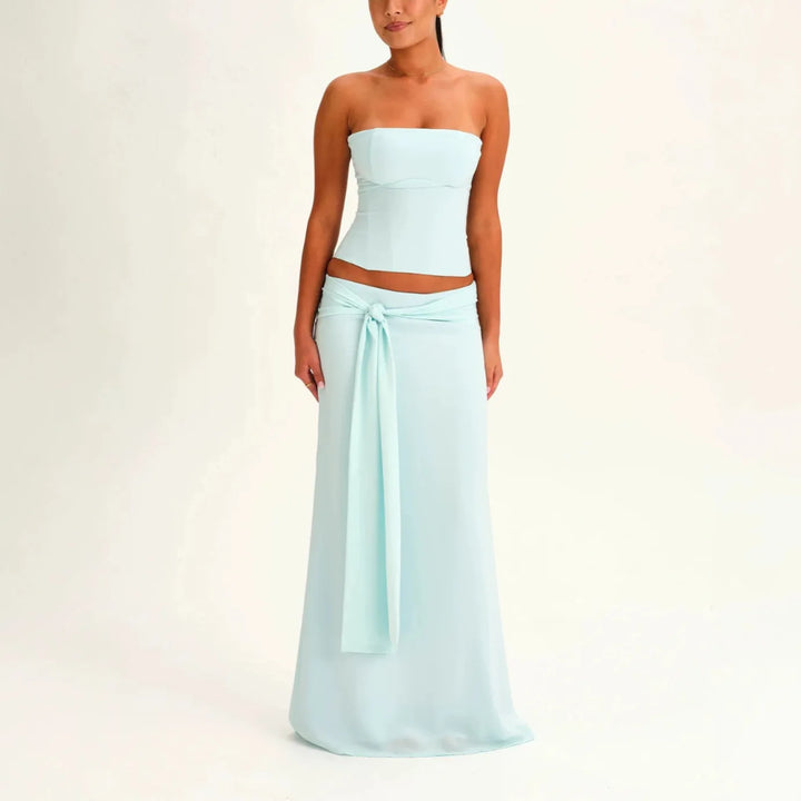 Elegant Strapless Tube Top and Maxi Skirt Two Piece Set Women Crop Top Tie Front Long Skirt Matching Sets Evening Party Vocation