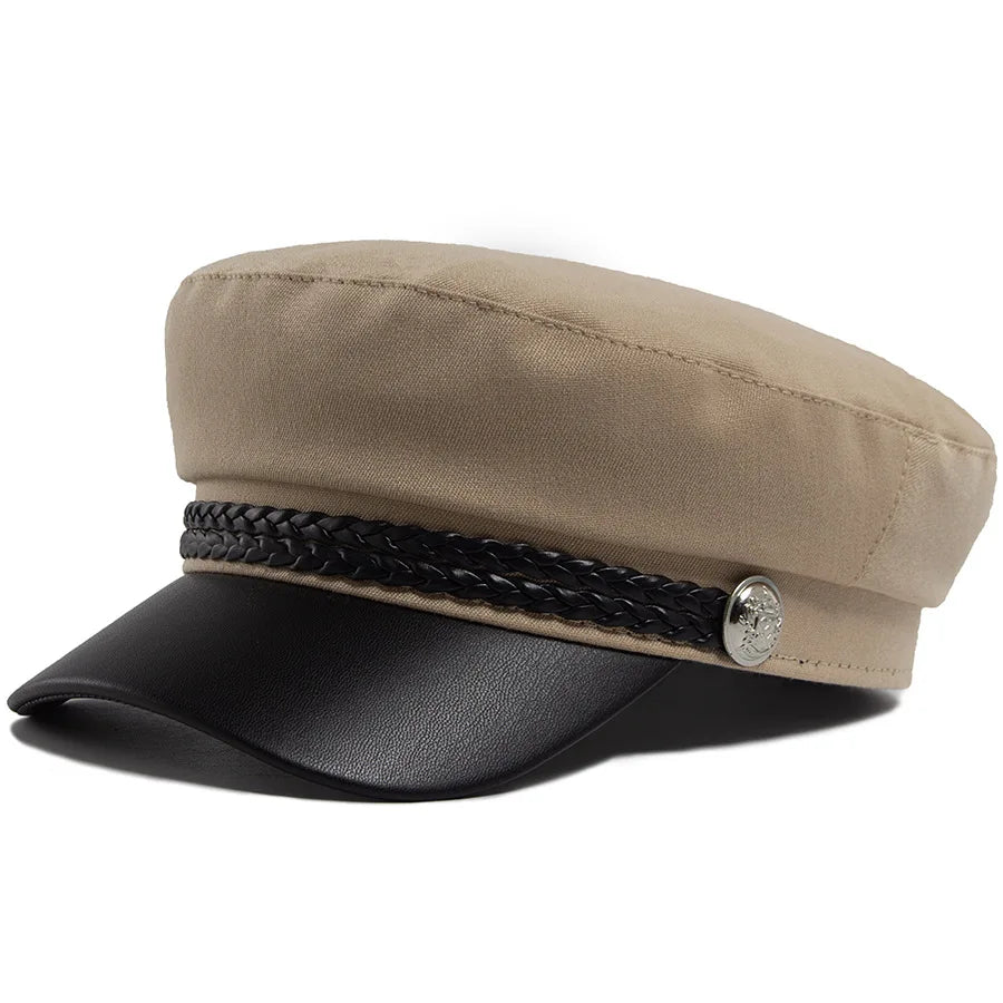 Flat Top Newsboy Cap Streetwear Women Vintage Sailor Cap Daily Wear British Style Cadet Cap PU Leather Brim Peaked Beret Travel