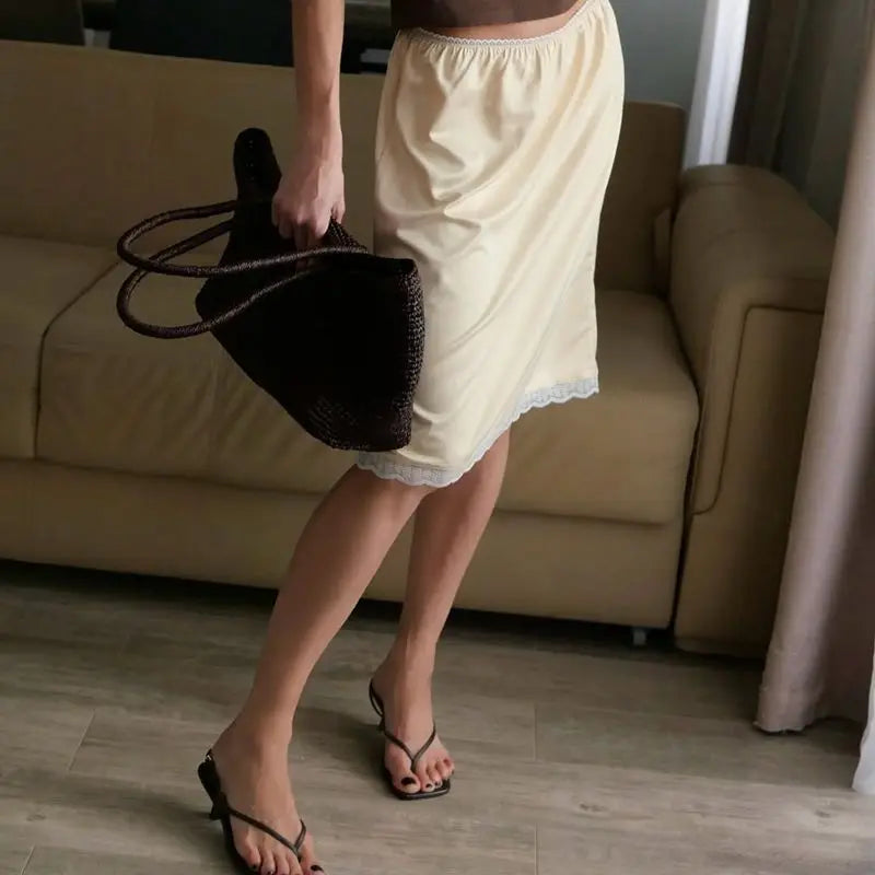 Women Satin Silk Midi Straight Skirts Elegant Y2k Elastic Low Waist Vintage Floral Lace Trim Half Slips Underskirts