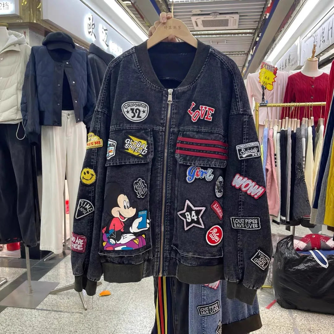 European and American Fashion Brand Outerwear with Cartoon Print Embroidery and Patchwork, Fashionable Loose Jacket 2026