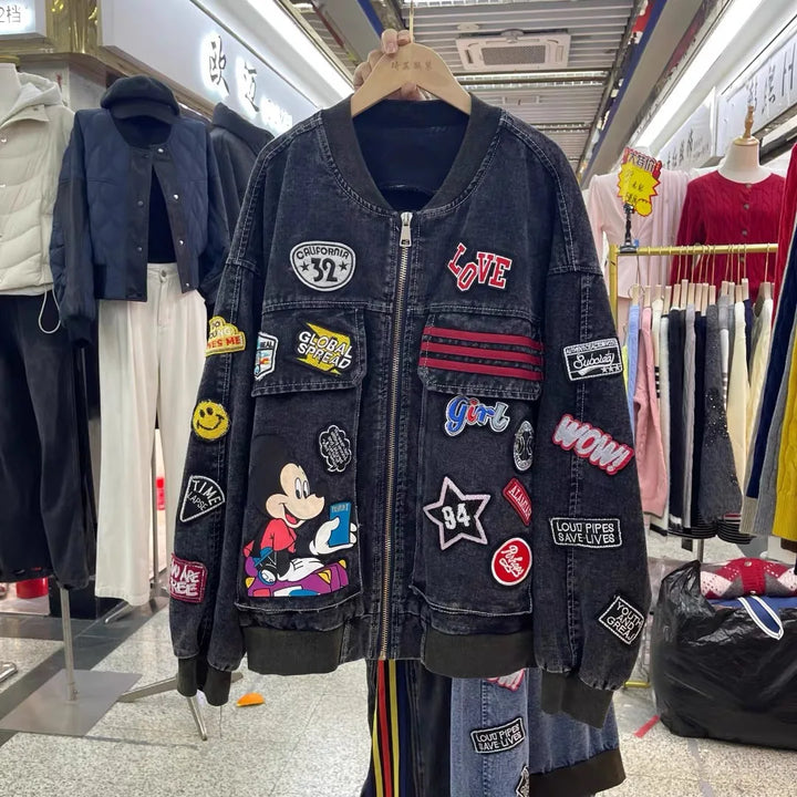 European and American Fashion Brand Outerwear with Cartoon Print Embroidery and Patchwork, Fashionable Loose Jacket 2026
