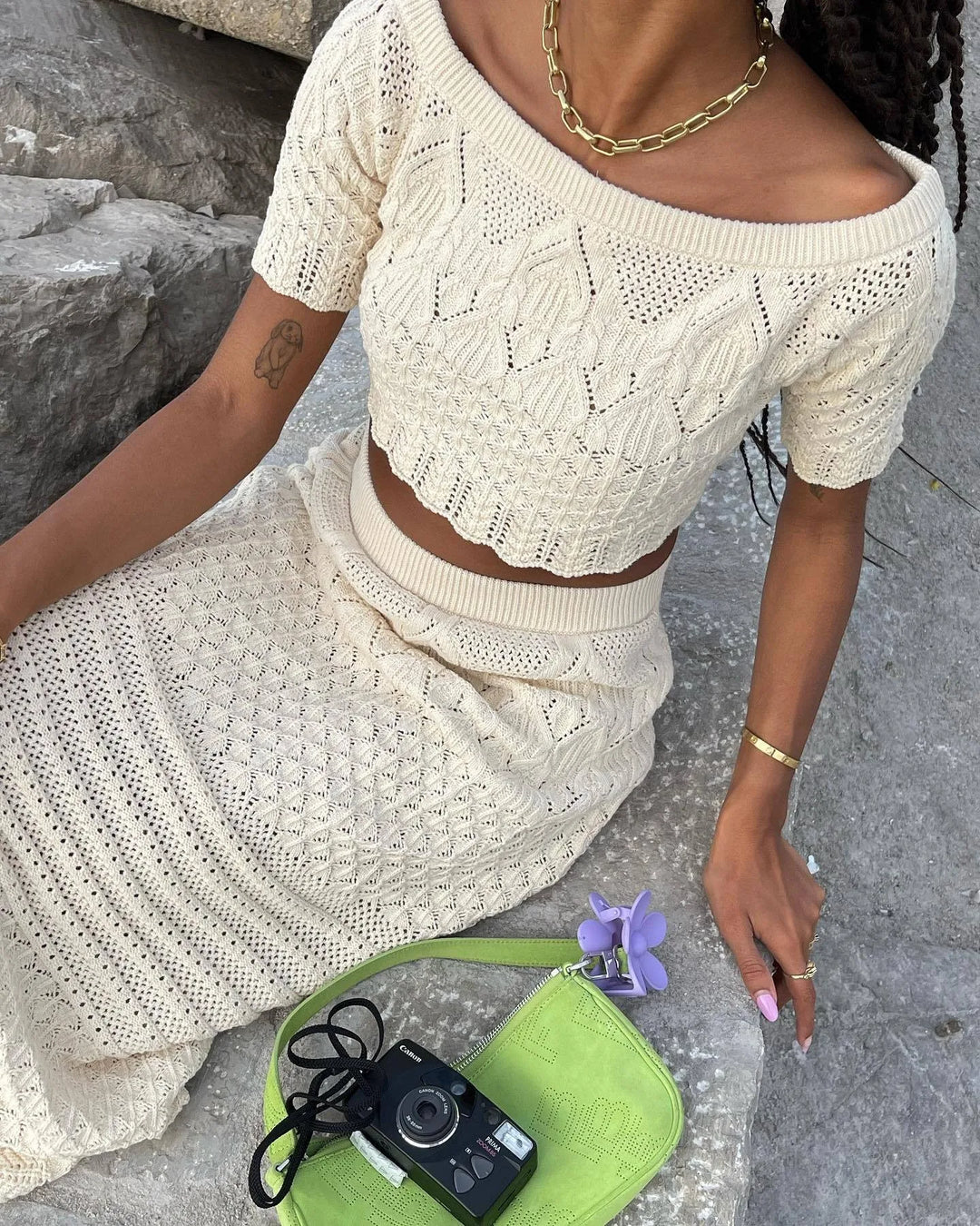 2026 Crochet Knit 2 Piece Set  for Women, Off Shoulder  Crop Top + Hollow Out  Maxi Skirt Beachwear