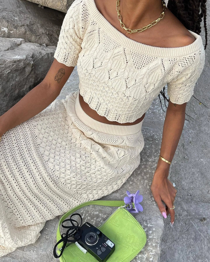 2026 Crochet Knit 2 Piece Set  for Women, Off Shoulder  Crop Top + Hollow Out  Maxi Skirt Beachwear