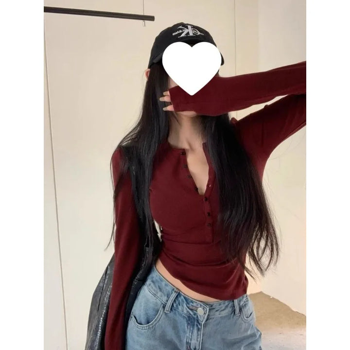 V-neck Long-sleeved T-shirt for Women with Button Design Slim Inner Tees Layering Top