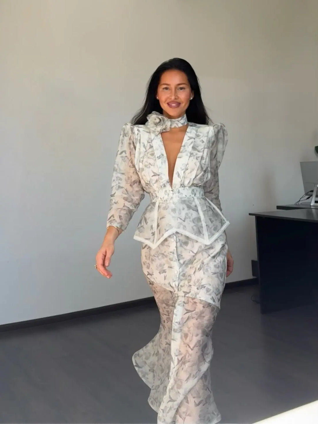Fashion Floral Printed Maxi Dress Chic Deep V Neck Puff Sleeve Peplum Slit Dresses 2026 Summer Wedding Cocktail Party Women Gown