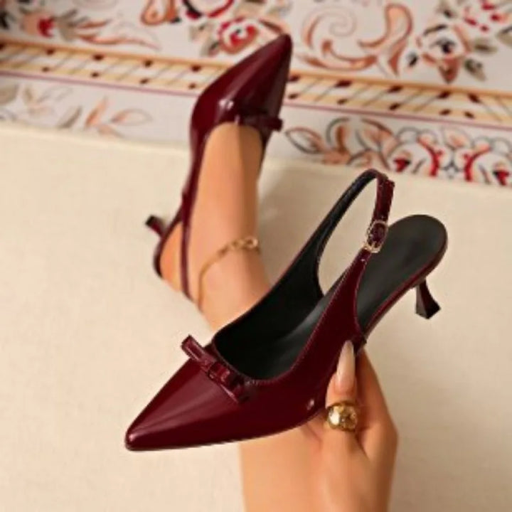 Women Pointed Toe Slingback Heels Elegant Patent Leather Metal Buckle Mid Kitten Heel Dress Shoes for Party Office Wedding Shoes