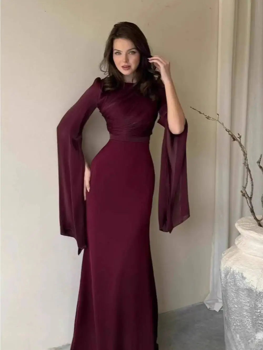 Fashion Satin Solid Maxi Dresses for Women Temperament O Neck Batwing Sleeve Slim Evening Dress Elegant High Grade Ladies Dress
