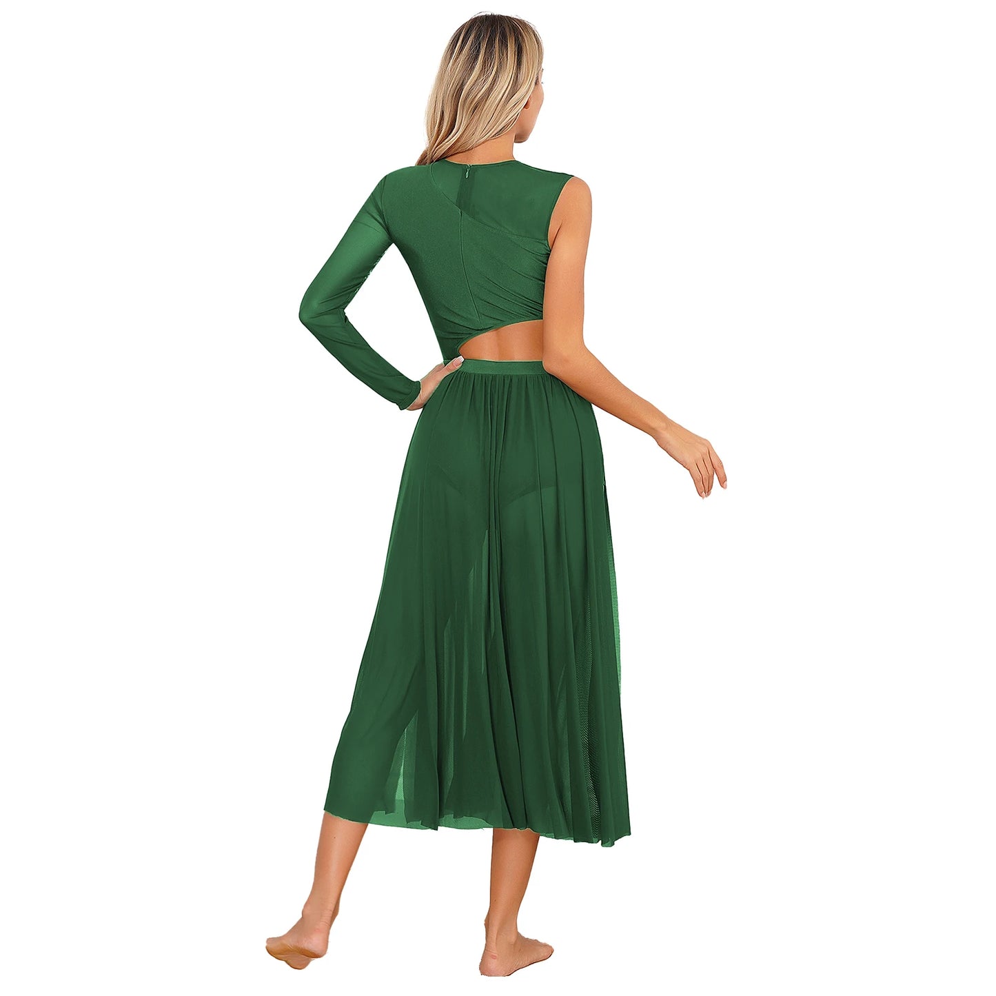 Womens Modern Lyrical Contemporary Dance Costume Cutout Round Neck Dress Side Split Sheer Mesh Dresses Performance Outfits