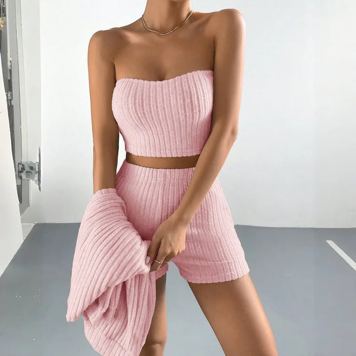 Cozy Brushed Ribbed Knit Women’s 3-Piece Loungewear Set, Long Sleeve Cardigan &amp; Bandeau Top &amp; Shorts, Soft Breathable Versatile