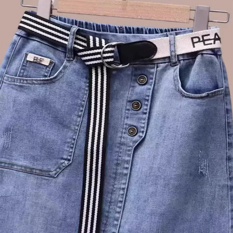 Fashion Asymmetrical Denim Midi Skirt With Belt Women Summer Vintage Jeans Pencil Skirt Elastic Back High Waist Women Midi Skirt