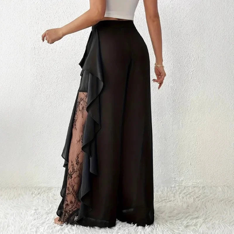 Wide Leg Pants Women Autumn Spliced Ruffles Lace Sheer Mesh Irregular Black Elegant Pants Office Lady Commuter Tierred Trousers