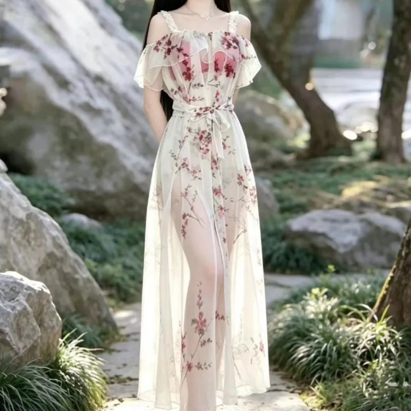 Sexy See-through Ruffle Strap Maxi Dress New Ultra-thin Soft Loose Long Skirt Gown Nightclub Festvial Evening Party Dress