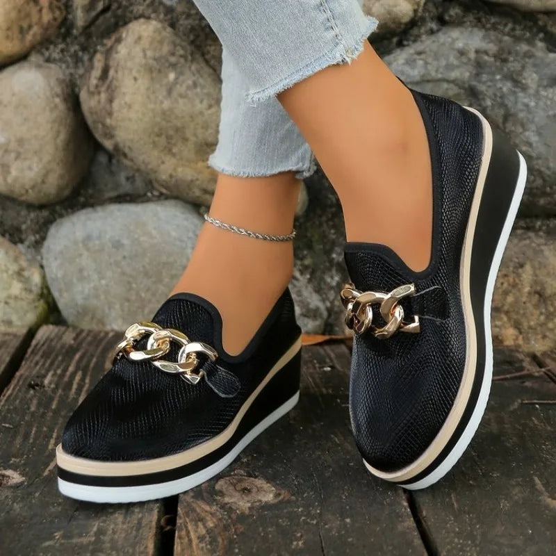 Womens Platform Loafers Wedge Shoe Gold Chain Decoration Round Toe Slip on Comfortable Walking Fashion Professional Office Style