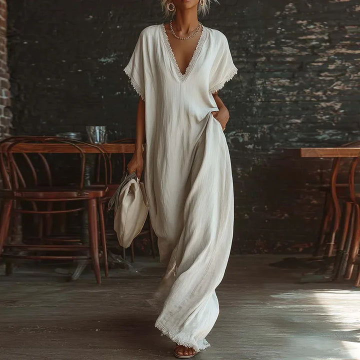 Comfy Loose Fit Linen Cotton Maxi Dress Women Elegant V Neck Lace Trim Casual Dress Spring Summer Short Sleeve Pocket Boho Dress