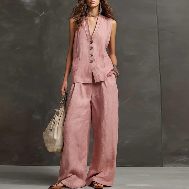 Women Linen Cotton Vest Pants Suit Women Casual Two Piece Set Office Ladies Summer 2 Piece Set Women Outfits