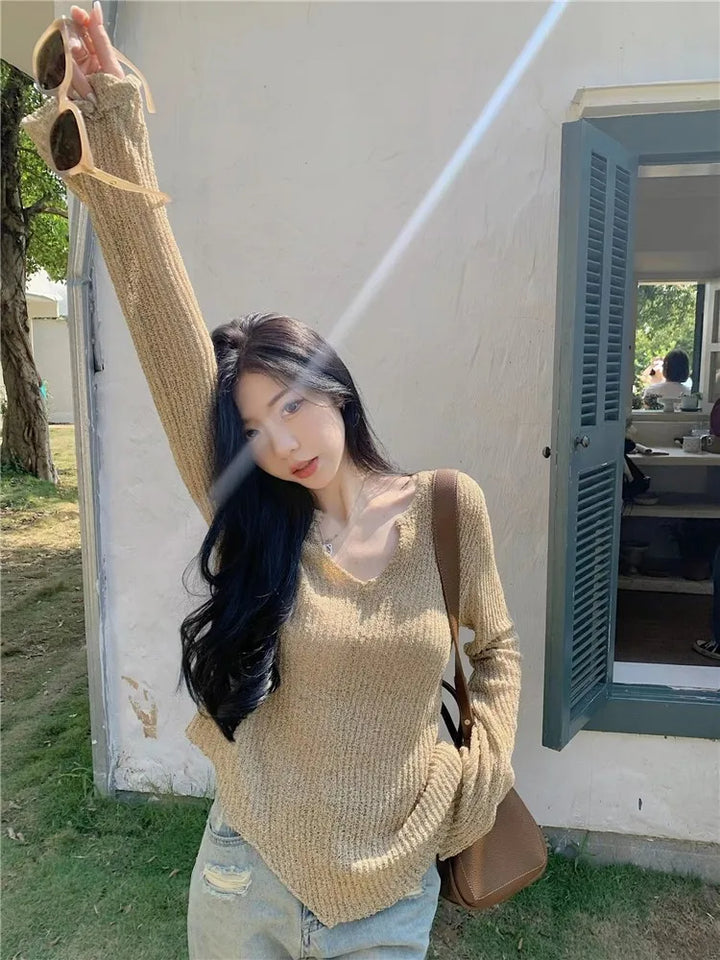 Lightweight V-Neck Knitted Top for Women Spring Summer Loose Fit Sun Protection Yellow Color Commute Style Korean Version