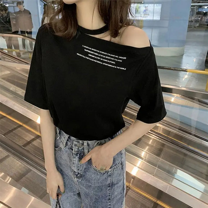 Off-the-shoulder T-shirt Women Short Sleeve 2025 Summer New Korean Version Loose Off-shoulder Short Sleeve Top