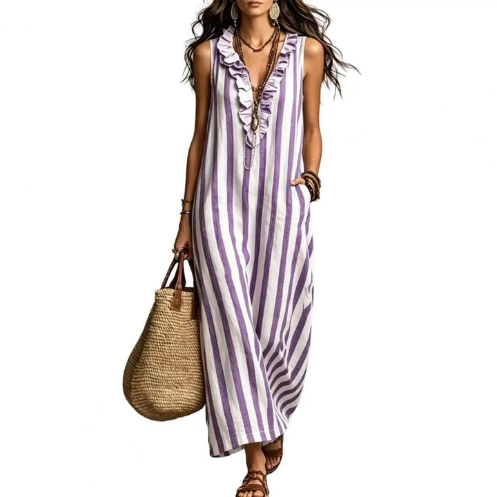 Women Striped Cotton Linen Maxi Dress Sleeveless Ruffle V Neck Long Dress Boho Beach Flowy Sundress with Pockets Elegant Women D