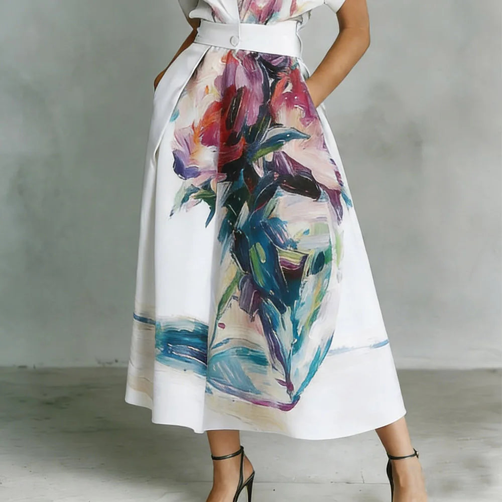 Flower Print Maxi Dress Women Summer Short Sleeve Turn-Down Collar Holiday Party Dress Button Patchwork High Street Ladies Dress