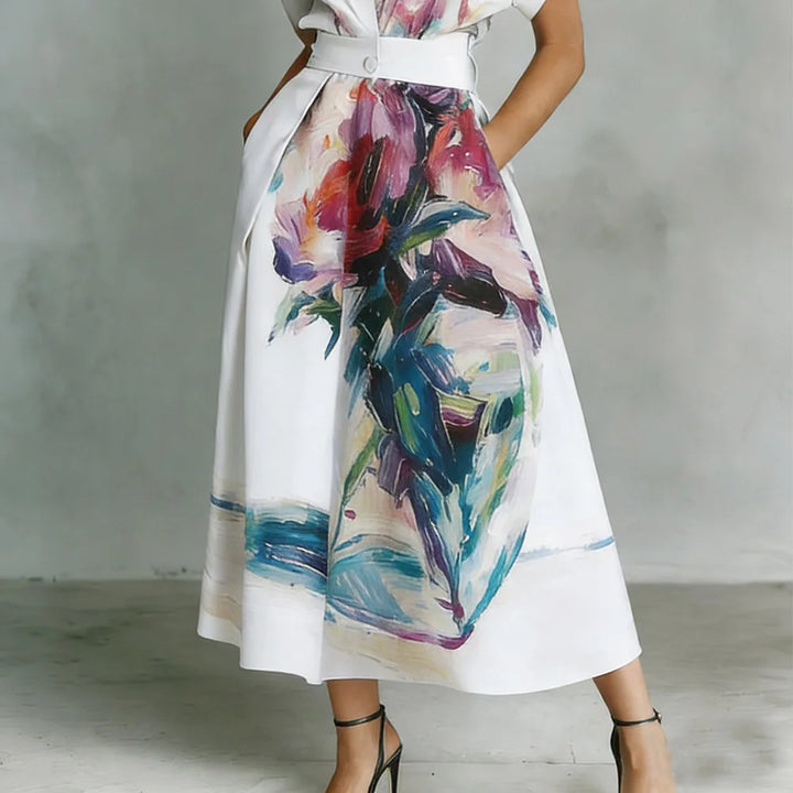Flower Print Maxi Dress Women Summer Short Sleeve Turn-Down Collar Holiday Party Dress Button Patchwork High Street Ladies Dress