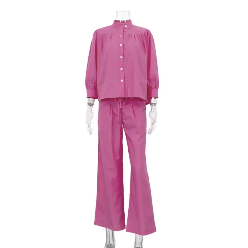 Women Solid Linen Two Piece Matching Set Stand Collar Button Down Shirt Drawstring Wide Leg Pants Casual Holiday Office Outfit