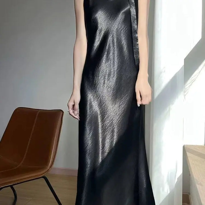French Elegant Satin Camis Dress Women Summer Loose with Ribbon Midi Dress Female Fashion Aesthetic Party Evening Slip Dress