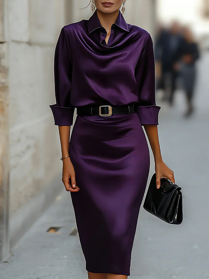 Satin Cowl Neck Collar Midi Dress Women Elegant Long Sleeve Belted Bodycon Party Dress