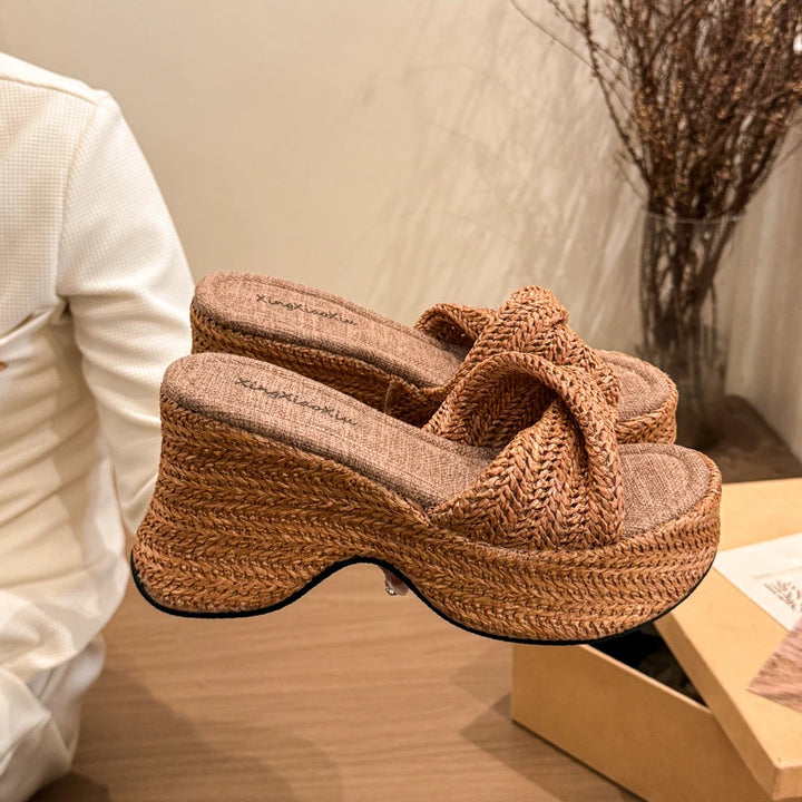 Summer Women Straw Woven Platform Slippers Fashion Bohemian Wedges Heel Slides Open Toe Ladies Elegant Party Dress Sandalias