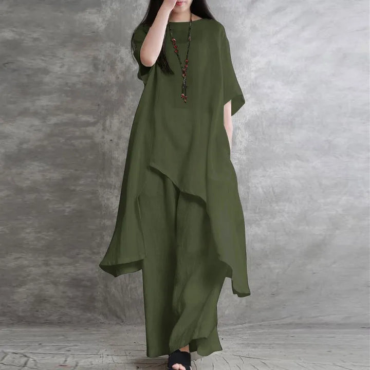 Women Cotton Linen Pant Sets 2 Pieces Casual Half Sleeve Solid Loose Blouse&amp;High Elastic Waist Wide Leg Full Trousers Suits