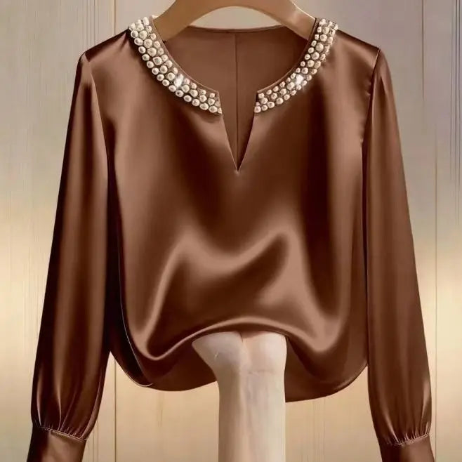 Pearl V-neck Silk Satin Top Women Luxury Elegant Long Sleeve T Shirt Commuter Loose Casual Basic Tees Chic Work Wear