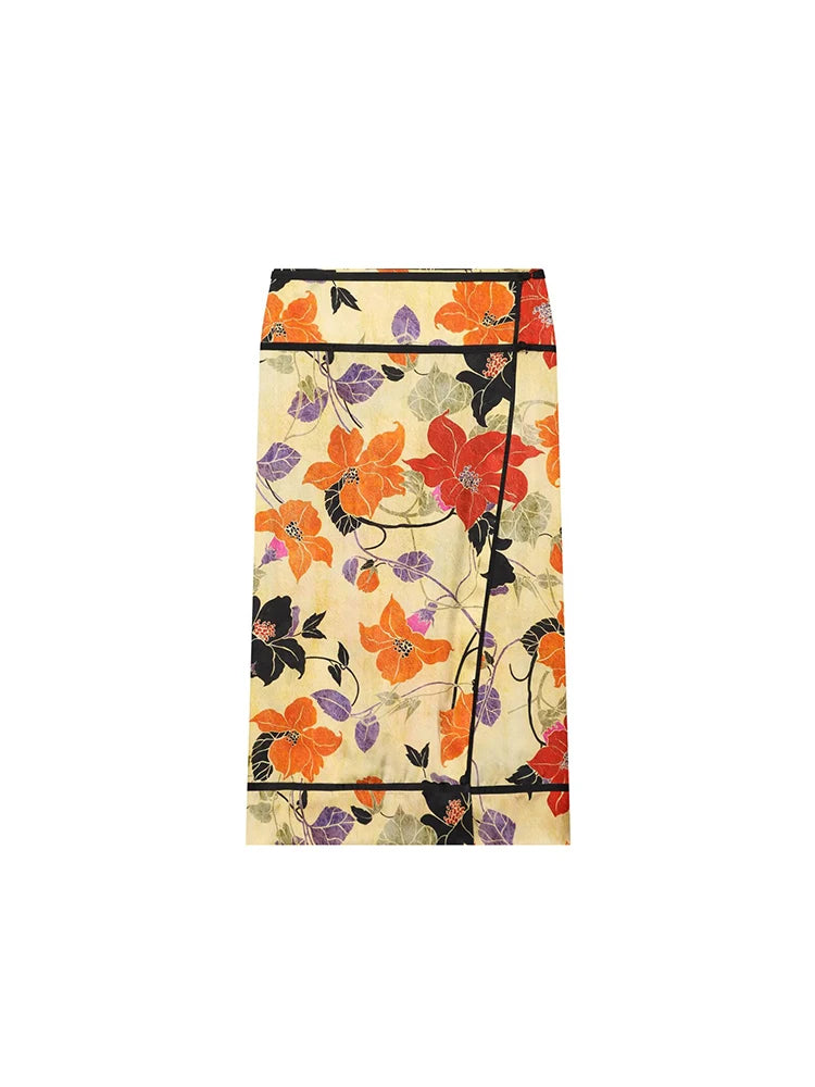 Elegant Satin Print Midi Skirt For Women High Waist Split Straight Skirt 2026 Summer New Chic Slim Fit Leisure Female Streetwear