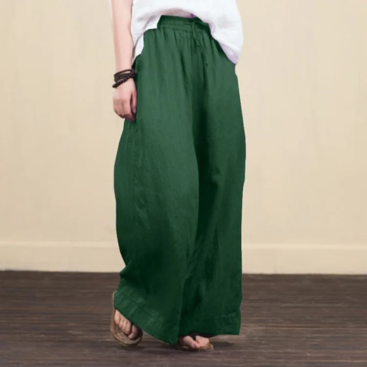 Women Wide Leg Pants Solid Loose Length Pants Cotton Linen Elastic Waist Casual Pants Vintage Mid Waist Pants 5XL