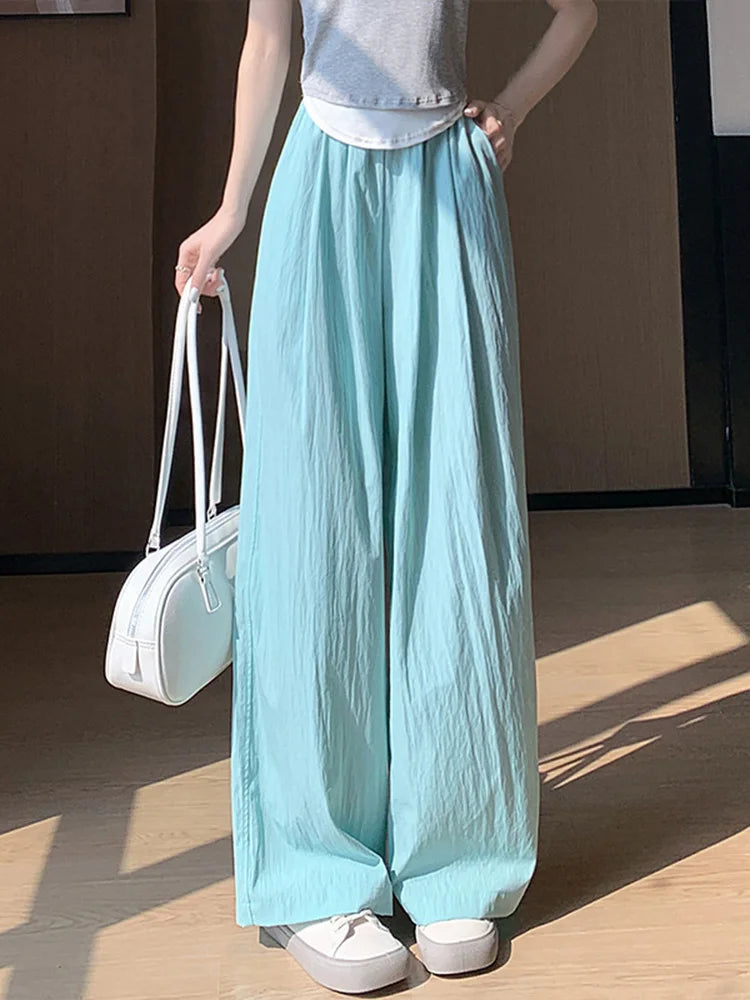 Spring Summer Women Loose Wide Leg Pants Casual Elastic Waist Straight Long Wide Leg Pants Female Casual Female Pants Trousers
