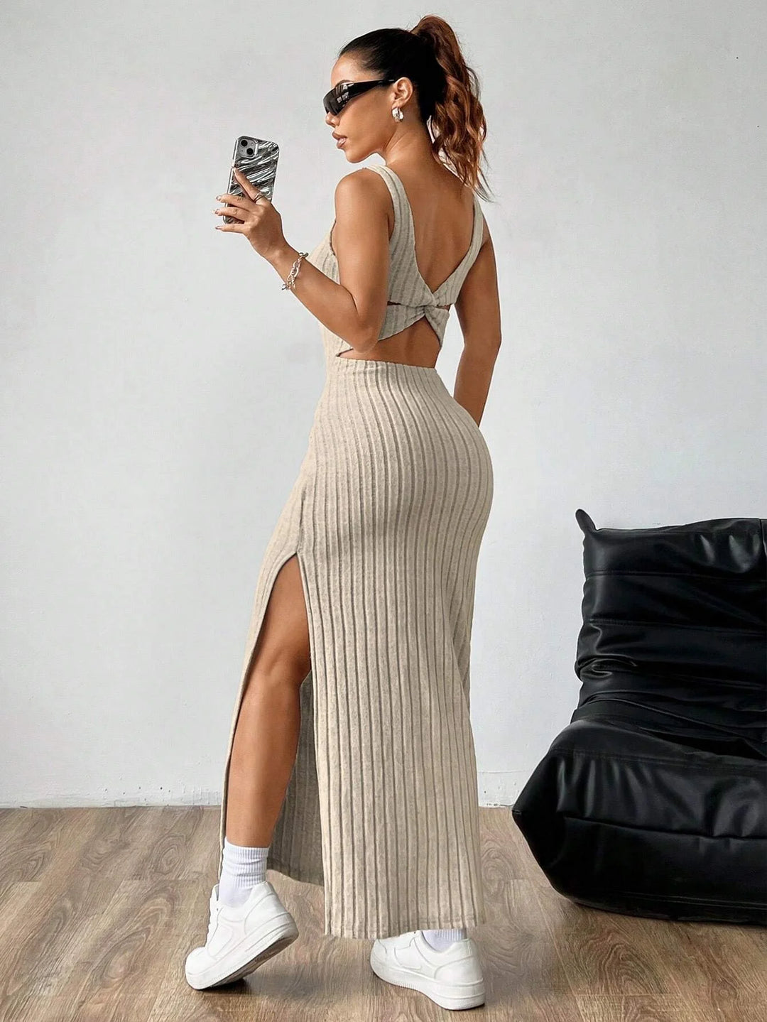 Women Ribbed Knit Maxi Dress Sleeveless Twist Back Cutout High Split Bodycon Long Dress