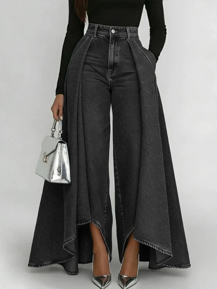 Denim Pant Women Jeans Vintage Wide Leg Long Pants High Waist Straight Trousers Y2k Streetwear Elegant Splice Work Casual Summer