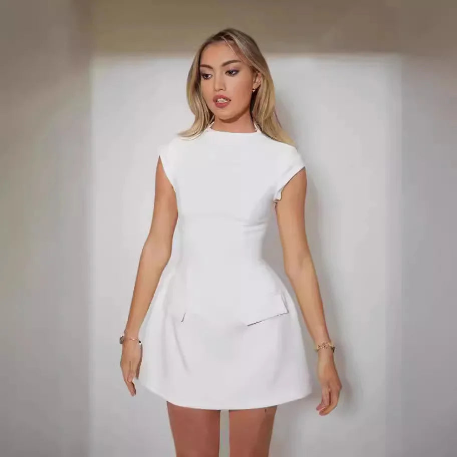 Spring and Summer European and American Women's Round Neck Pocket Design Temperament Waist Cinching Dress