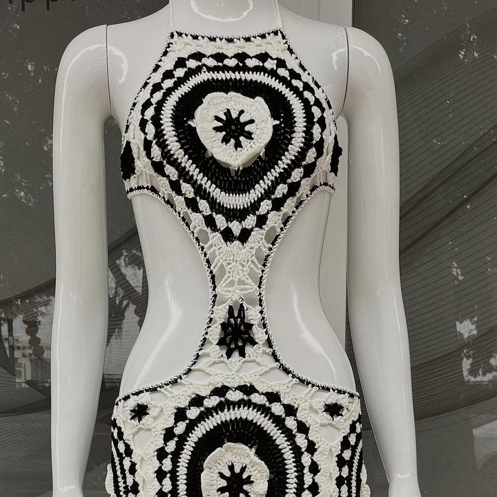 White Combo Halter Backless Crochet Knit Long Maxi Dress for Women Sexy Hollow out Summer Club Party Outfit Fashionable