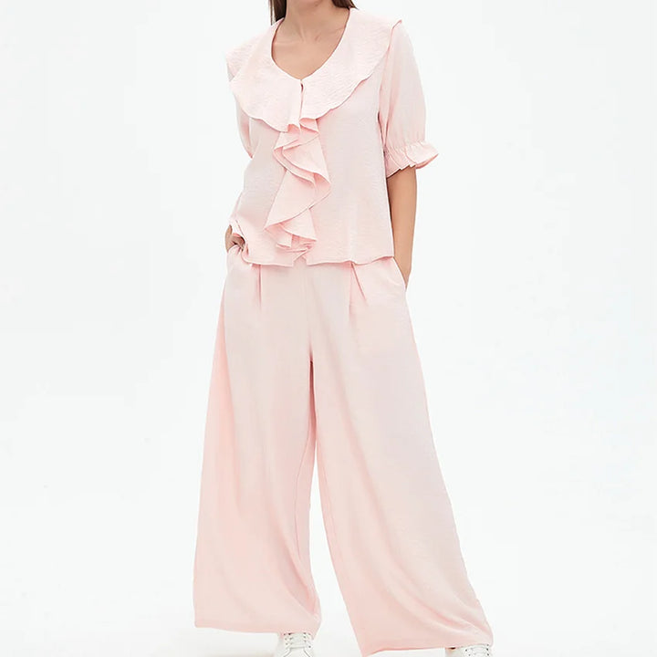 Women Linen Pajama 2 Piece Set Short Sleeve Front Ruffle Shirt PJs Pants Lounge Cute Sleepwear Casual Homewear Set