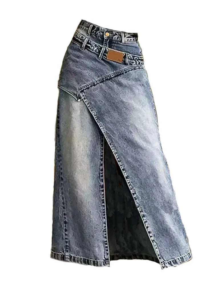 High Waist Asymmetrical Slit Denim Skirt Women&