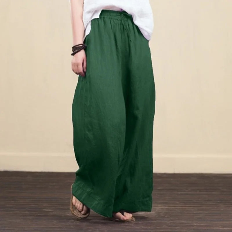 Women Wide Leg Pants Solid Loose Length Pants Cotton Linen Elastic Waist Casual Pants Vintage Mid Waist Pants 5XL