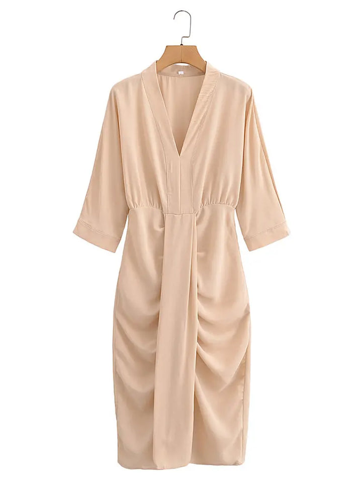 HH Dress Women Elegant Solid Waist Fitted Draped Dress Slim V Neck Half Sleeve Dresses Summer Woman Evening Dress Vestidos