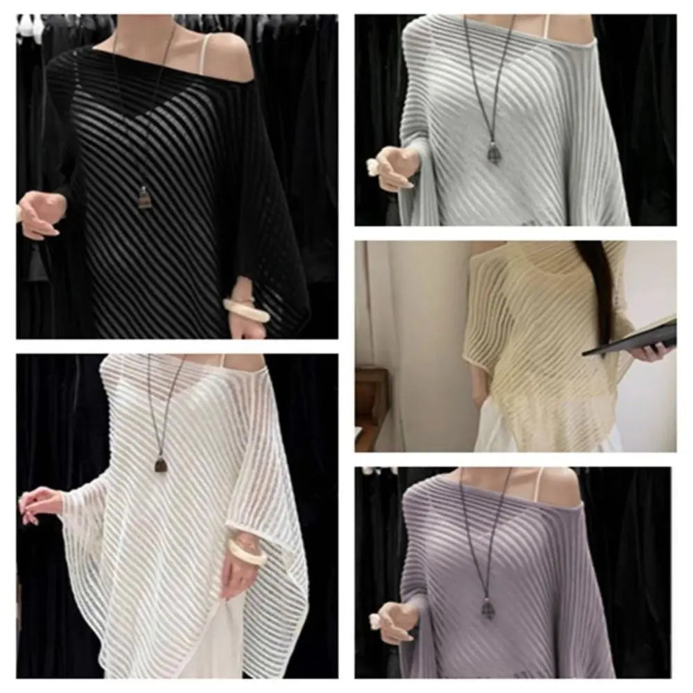 Stripe Patchwork Crochet Hollow Top Transparent Thin Sunscreen Cover Up Loose Irregular Beach Cloak Summer