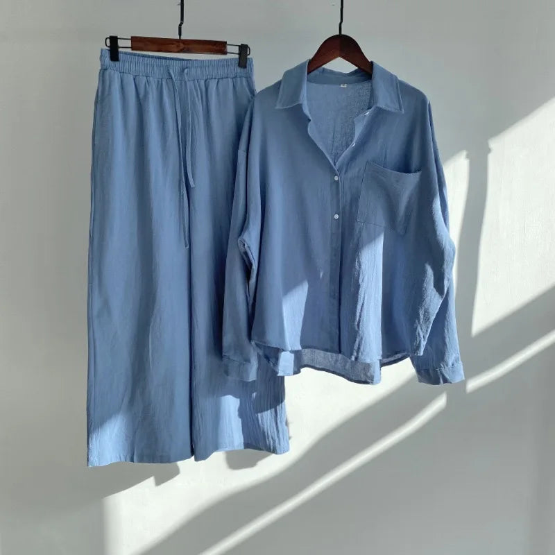 Women Linen 2 Piece Outfit Set Lapel Long Sleeve Button Down Shirt Elastic Waist Wide Leg Pants Casual Loose Matching Suit Vacat