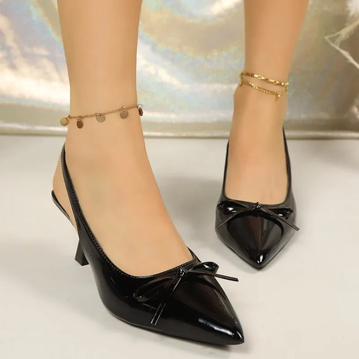 Women Slingback Heels Black Patent Leather Pointed Toe Pumps Bow Kitten Heels Dress Shoes for Party Office Plus Size Women Shoes