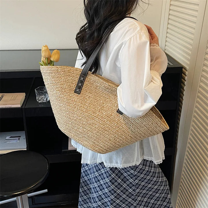 New Summer Fashion Women Top-Handle Bags Large Capacity Straw Shoulder Bag for Beach Vacation Versatile Commuting Beach Bag