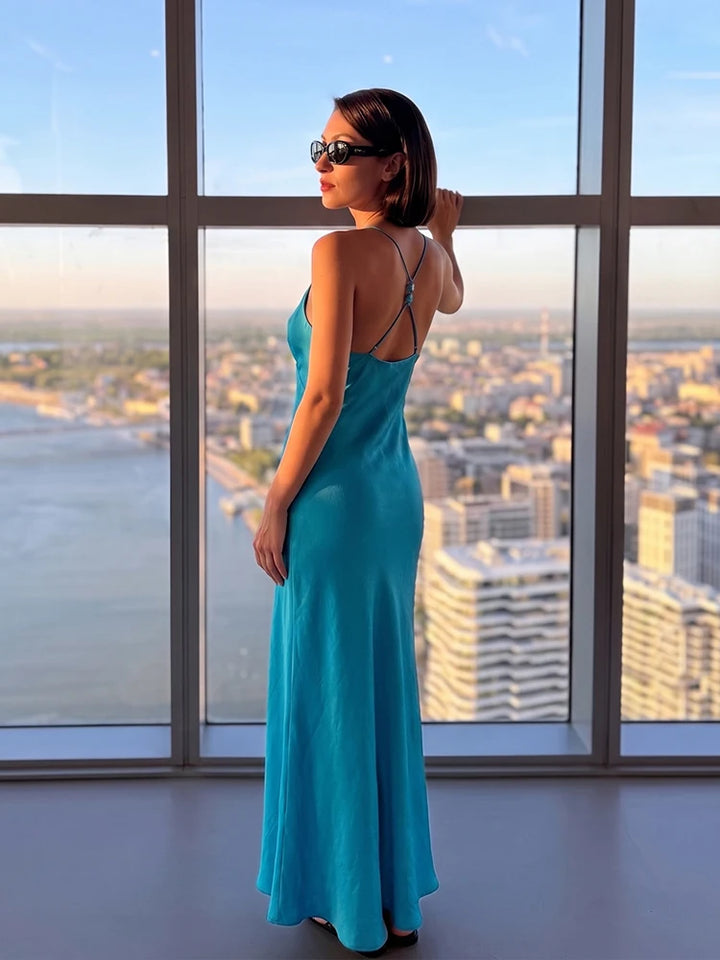 HH Silky Satin Midi Slip Dress Women Summer Deep V Crisscross Back Beaded Spaghetti Strap Long Dress Beach Date Wear
