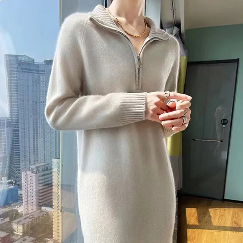 Autumn And Winter New Wool Dress Feminine Long-Sleeved Loose POLO Neck Dress