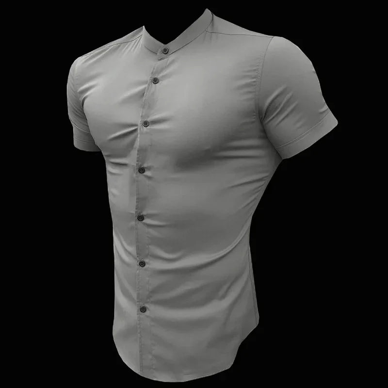 Mens Short Sleeve Shirt Summer Plain Slim Fit Dress Shirts Fitness Men Gym Clothing Fashion Casual Social Stand Business Shirts