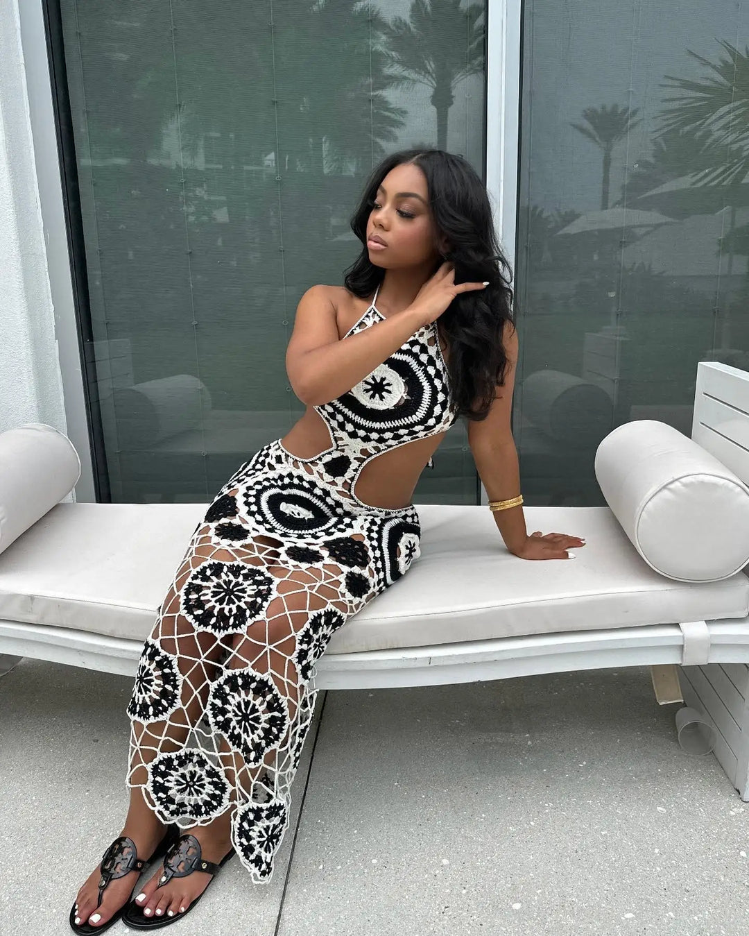White Combo Halter Backless Crochet Knit Long Maxi Dress for Women Sexy Hollow out Summer Club Party Outfit Fashionable